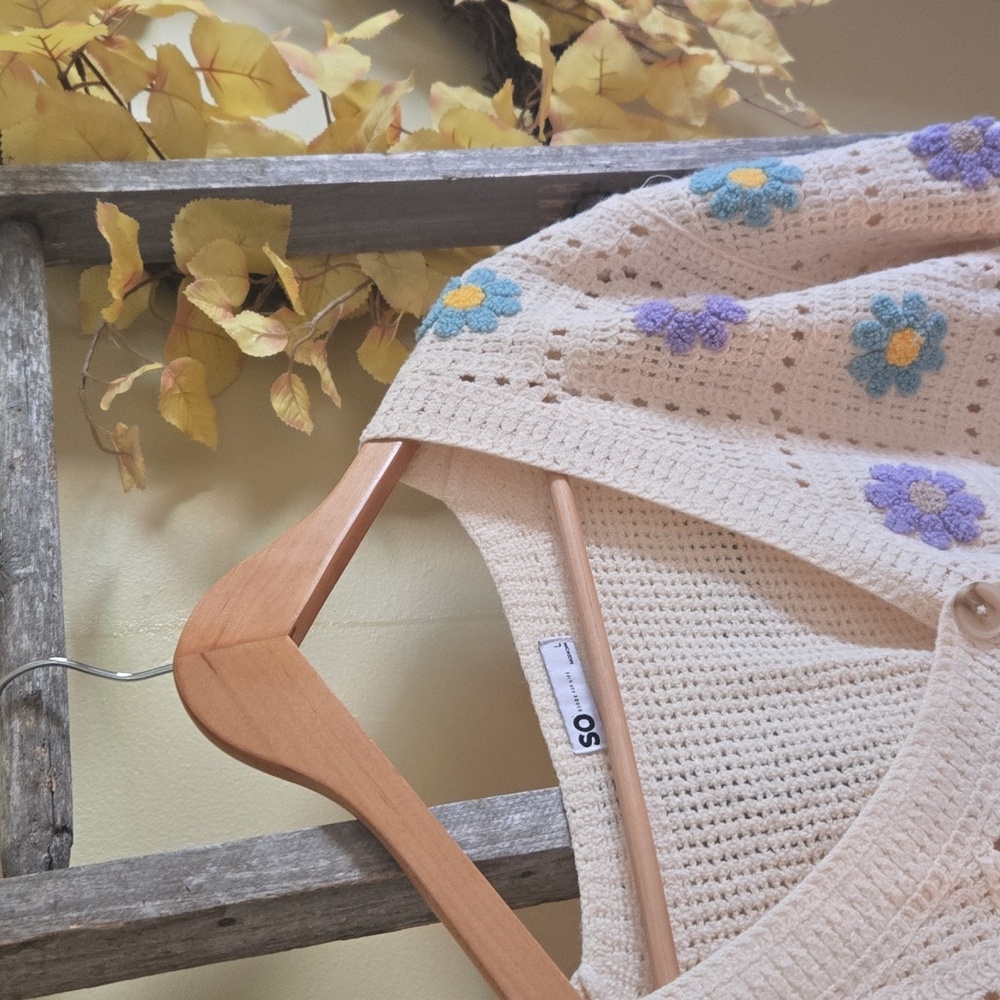 SO Cream Crochet Cardigan with Floral Details